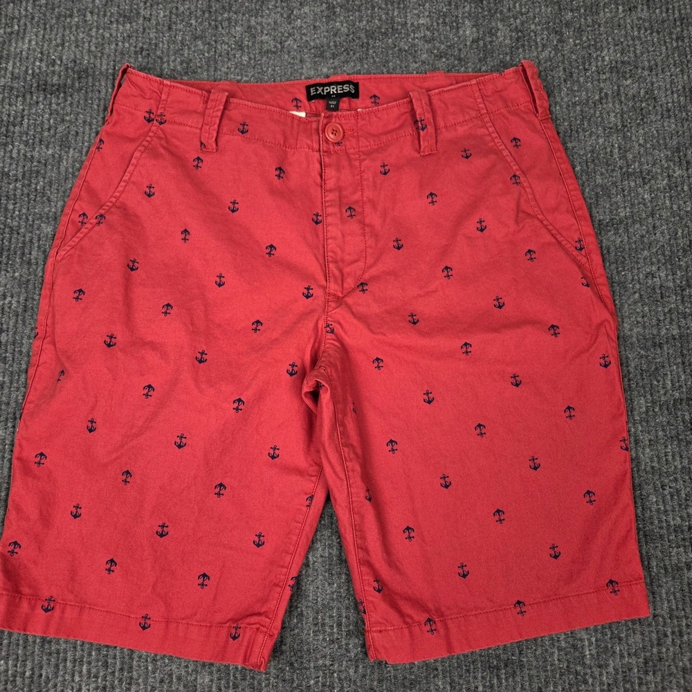 Express‎ Mens Red Anchor Print Chino Shorts Size 31 Nautical Summer Cotton 26996